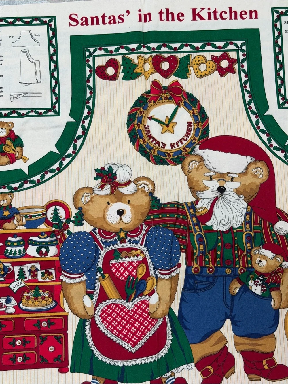 Santas' in the Kitchen Holiday Cotton Panel - Red & Green Bears